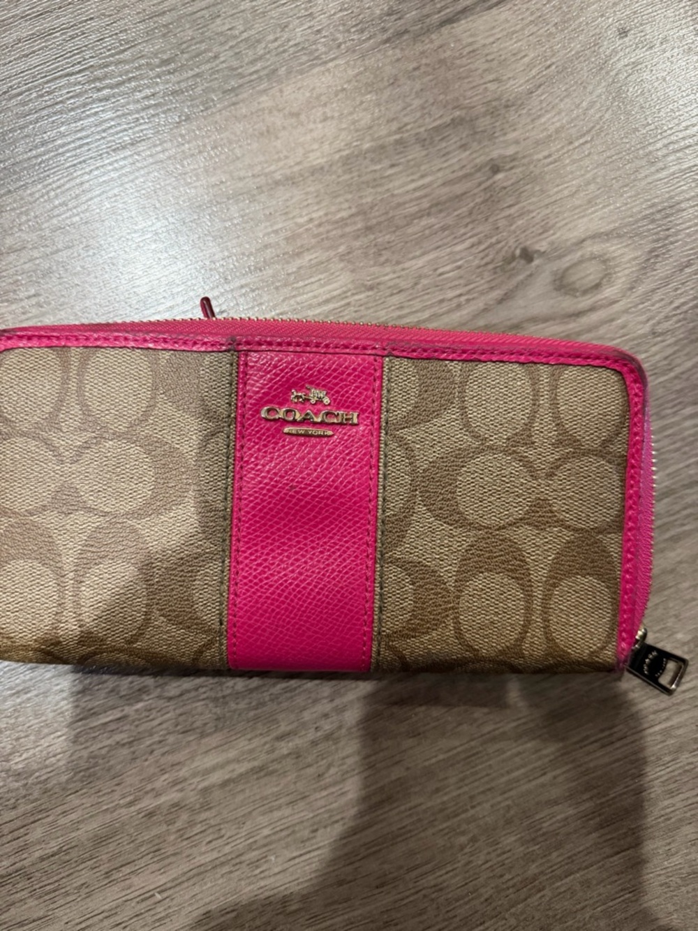 Coach Zip Wallet in Brown Canvas with Pink Trim